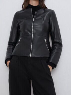 Zara Black Faux Leather Collarless Moto Biker Jacket Full Zip Fitted Small